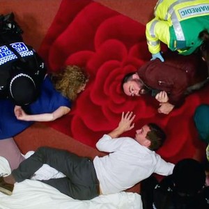 SAY MY NAME, ON FLOOR, CLOCKWISE FROM BLUE DRESS: LISA BRENNER, CELYN JONES, NICK BLOOD, 2018. © ELECTRIC ENTERTAINMENT