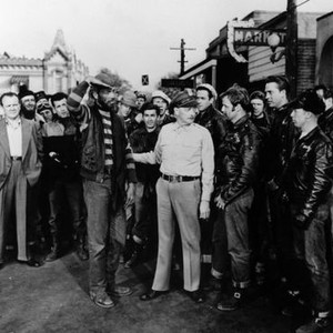 THE WILD ONE, third, fifth, sixth, seveneth and ninth from front left: Lee Marvin, Robert Keith, Jerry Paris, Marlon Brando, Alvy Moore, 1953