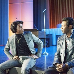 GET ON UP, l-r: Chadwick Boseman (as James Brown), Aloe Blacc, 2014. ph: D Stevens/©Universal Pictures