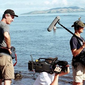 REEL PARADISE, director Steve James, cinematographer P.H. O'Brien, sound technician Rich Pooler filming on set, 2005, (c) Wellspring