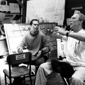 JAMES AND THE GIANT PEACH, Storyboard coordinator Andrew Birch and director Henry Selick in a story meeting, 1996