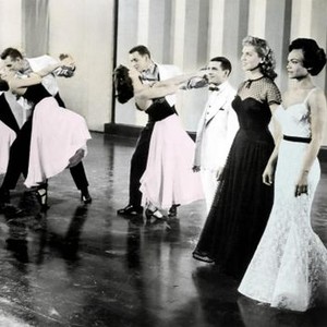 NEW FACES, Robert Clary (third from left), Virginia deLuce (black dress), Eartha Kitt (right), 1954