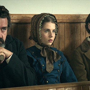 (L-R) Angus Macfadyen as Jee Hagadorn, Lucy Boynton as Esther Hagadorn and Augustus Prew as Ni Hagadorn in "Copperhead."