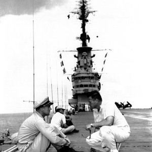 THE CAINE MUTINY, from left, Van Johnson, producer Stanley Kramer, on location in Pearl Harbor,  1954
