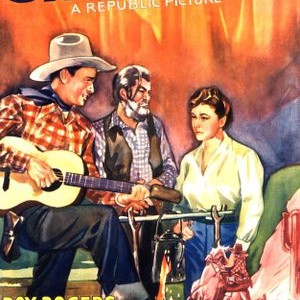 MAN FROM CHEYENNE, front from left: Roy Rogers, Gabby Hayes, Sally Payne, 1942