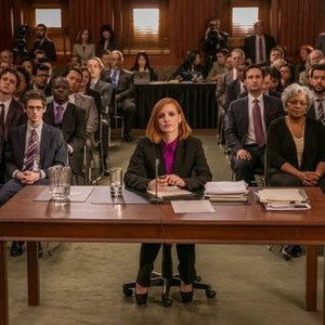 MISS SLOANE, from left, Grace Lynn Kung, Noah Robbins, Jessica Chastain, Ennis Esmer, Douglas Smith, Raoul Bhaneja,  Sam Waterston, 2016, ph: Kerry Hayes © EuropaCorp USA