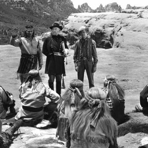 BROKEN ARROW, background center facing camera from left: Jeff Chandler, Basil Ruysdael, James Stewart, 1950, (c) 20th Century Fox, TM & Copyright