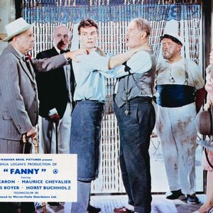 FANNY, from left: Charles Boyer, Lionel Jeffries, Horst Buchholz, Maurice Chevalier, Salvatore Baccaloni, Leslie Caron, 1961
