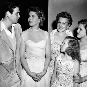 NEVER SAY GOODBYE, from left: David Janssen, Cornell Borchers, Bernice Janssen, Jill Janssen, Terry Janssen, on set, 1956
