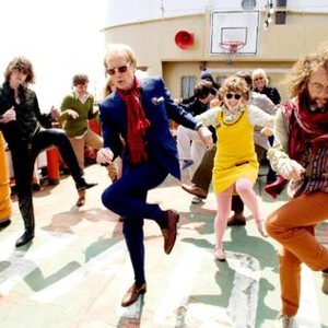 PIRATE RADIO, (aka THE BOAT THAT ROCKED), Will Adamsdale (left), Tom Wisdom (second from left), Bill Nighy (in blue), Katherine Parkinson (in yellow), Ralph Brown (right), 2009. ©Focus Features