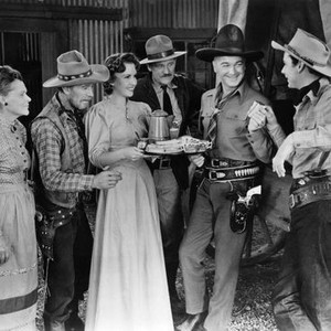 IN OLD COLORADO, from left: Sarah Padden, Andy Clyde, Margaret Hayes, Stanley Andrews, William Boyd, Russell Hayden, 1941