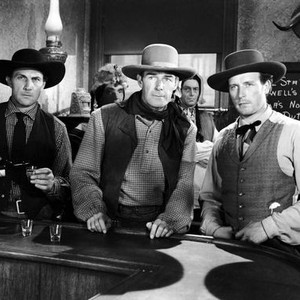 BADMAN'S TERRITORY, from left: Tom Tyler as Frank James, Randolph Scott, Lawrence Tierney as Jesse James, 1946