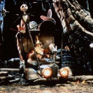 THE NIGHTMARE BEFORE CHRISTMAS,  Jack Skellington (front, voice: Chris Sarandon, Danny Elfman), Mayor (in car, left, voice: Glenn Shadix), Sally (in car, right, voice: Catherine O'Hara),  1993. ©Buena Vista Pictures