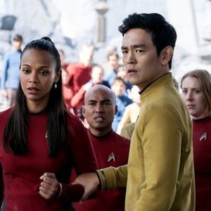 STAR TREK BEYOND, foreground from left: Zoe Saldana as Uhura, John Cho as Sulu, 2016. ph: Kimberley French/© Paramount Pictures/coutesy