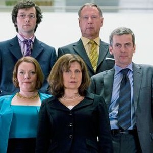 The Thick of It (BBCA), from left: Joanna Scanlan, Chris Addison, Olivia Poulet, Timothy Bentinck, Peter Capaldi, 06/27/2005, ©BBCAMERICA