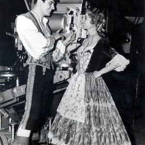 THE STUDENT PRINCE, from left: Edmund Purdom, Ann Blyth, on set, 1954