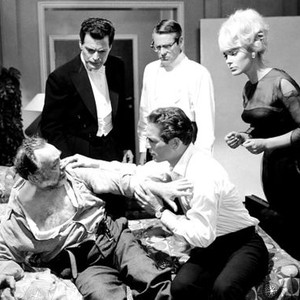 THE PRIZE, front from left: Edward G Robinson, Paul Newman; back from left: Sergio Fantoni, Kevin McCarthy, Elke Sommer, 1963
