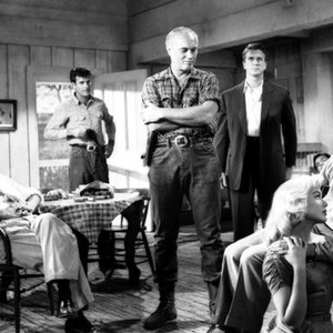 HOT SUMMER NIGHT, Jay C. Flippen (seated left), James Best (at door), Robert J. Wilke (plaid shirt), Leslie Nielsen (rear), Marianne Stewart (kneeling), Paul Richards (seated right), 1957