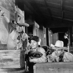 THREE MESQUITEERS, front from left: Robert Livingston, Syd Saylor, Ray Corrigan, 1936