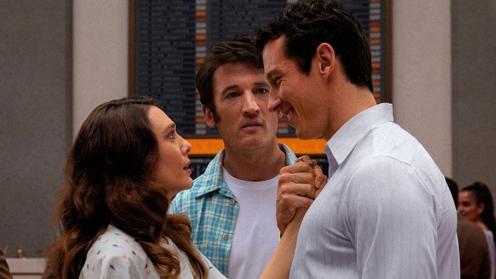 (L–R) Elizabeth Olsen, Miles Teller, and Callum Turner star in love-triangle comedy "Eternity." (Leah Gallo/A24)