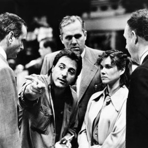 HOOSIERS, from left: Michael Sassone, director David Anspaugh, Robert Swan, Barbara Hershey, Gene Hackman, on set, 1986. ©Orion