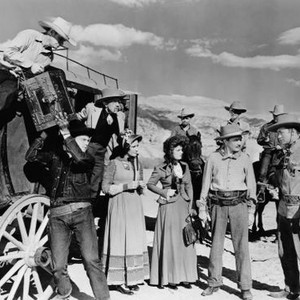 RIDERS OF THE FRONTIER, fifth and sixth from left: Jean Joyce, Marin Sais, Tex Ritter (far right with gun), 1939