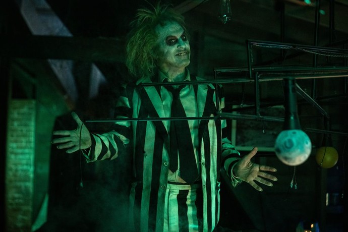 Beetlejuice (Michael Keaton) makes a grand entrance in "Beetlejuice Beetlejuice." (Warner Bros. Pictures)