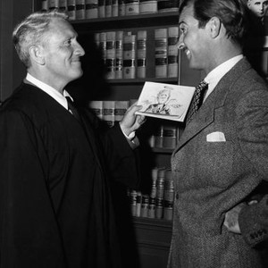 CASS TIMBERLANE, Spencer Tracy shows Zachary Scott angelic caricature of himself, on-set, 1947