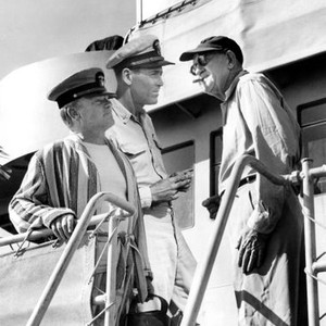 MISTER ROBERTS, from left: James Cagney, Henry Fonda, director John Ford, on set, 1955