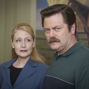 Parks and Recreation, Patricia Clarkson (L), Nick Offerman (R), 'Ron &amp; Tammys', Season 4, Ep. #2, 09/29/2011, ©NBC
