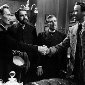 HOUND OF THE BASKERVILLES, Peter Cushing, Francis De Wolfe, Andre Morell, Christopher Lee, 1959, shaking hands