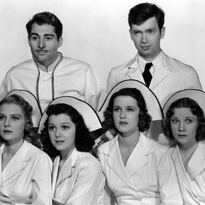 FOUR GIRLS IN WHITE, (front row) Florence Rice, Ann Rutherford, Mary Howard, Una Merkel, (back row) Alan Marshal, Buddy Ebsen, 1939