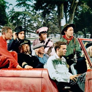 WHO'S MINDING THE MINT?, from left, Jack Gilford, Jamie Farr, Victor Buono, Walter Brennan, Bob Denver, Jim Hutton, Joey Bishop, Milton Berle, 1967