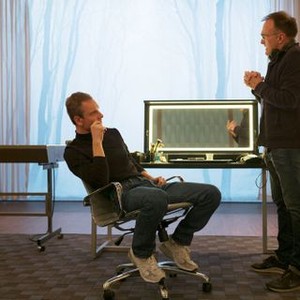 STEVE JOBS, from left: Michael Fassbender, as Steve Jobs, director Danny Boyle, on set, 2015. ph: Francois Duhamel/©Universal Pictures
