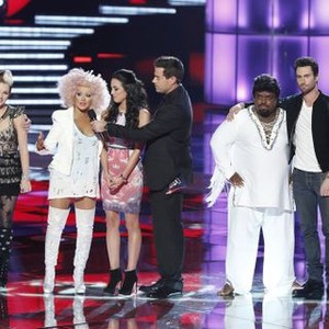 The Voice, from left: Blake Shelton, Christina Aguilera, Carson Daly, Cee-Lo Green, Adam Levine, 'The Live Playoffs, Part 1', Season 3, Ep. #18, 11/05/2012, ©NBC
