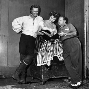 THE GOLDEN HAWK, from left, Sterling Hayden, Rhonda Fleming, director Sam Katzman, on Columbia backlot, 1952