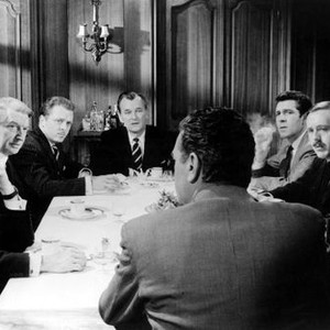 THE LEAGUE OF GENTLEMEN, (l to r) Bryan Forbes, Roger Livesey, Richard Attenborough, Nigel Patrick,  Jack Hawkins (with back to camera), Kieran Moore, Norman Bird, Terence Alexander, 1959