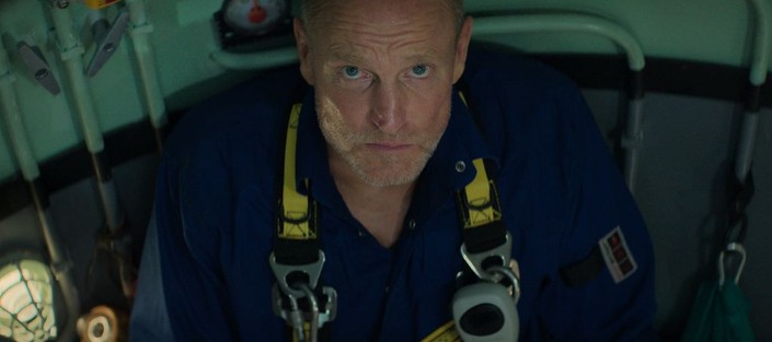 Duncan Allcock (Woody Harrelson) in the dive bell, in "Last Breath." (Focus Features)