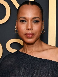 Kerry Washington with coral-berry lip and mixed metals
