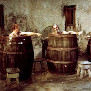 THERE WAS A CROOKED MAN, Kirk Douglas, Henry Fonda, 1970, taking a bath in barrels