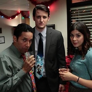 The Office, Oscar Nunez (L), Zach Woods (C), Lindsey Broad (R), 'Christmas Wishes', Season 8, Ep. #10, 12/08/2011, ©NBC