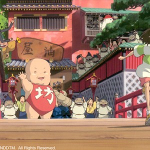 Yubaba's giant baby boy, Boh, and the workers at the bathhouse give Chihiro a big send off.