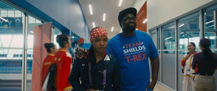 Claressa Shields (Ryan Destiny) and coach Jason Crutchfield (Brian Tyree Henry) at the Olympics, in "The Fire Inside." (Amazon MGM Studios)