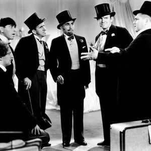 MEET THE BARON, from left: Larry Fine (seated), Moe Howard, Jimmy Durante, Jack Pearl, Ted Healy, Curly Howard, 1933
