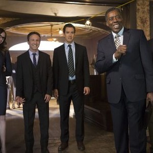 Franklin & Bash, from left: Danielle Panabaker, Breckin Meyer, Mark-Paul Gosselaar, Ernie Hudson, 'Spirits in the Material World', Season 4, Ep. #9, 10/15/2014, ©TNT