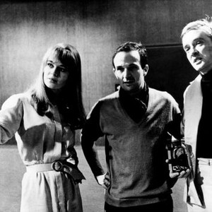 FAHRENHEIT 451, from left: Julie Christie, director Francois Truffaut, Oskar Werner on set, 1966