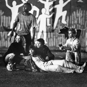 BAND OF THE HAND, Lauren Holly, Leon Robinson, Danny Quinn (on ground), Michael Carmine, John Cameron Mitchell, 1986. ©TriStar Pictures