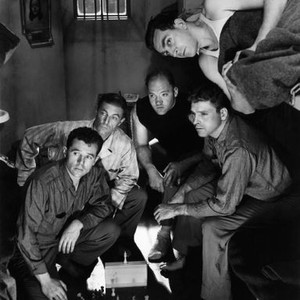 BRUTE FORCE, Howard Duff, John Hoyt, Jack Overman, Jeff Corey (lying down), Burt Lancaster, 1947