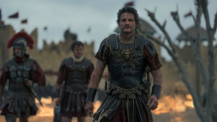 Marcus Acacius (Pedro Pascal) returning from the war, in "Gladiator II." (Paramount Pictures)