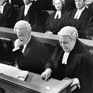 WITNESS FOR THE PROSECUTION, foreground from left: John Williams, Charles Laughton, 1957